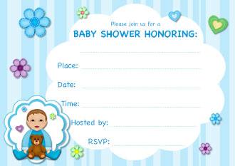 Light blue baby shower invitation with a baby boy and teddy bear on it