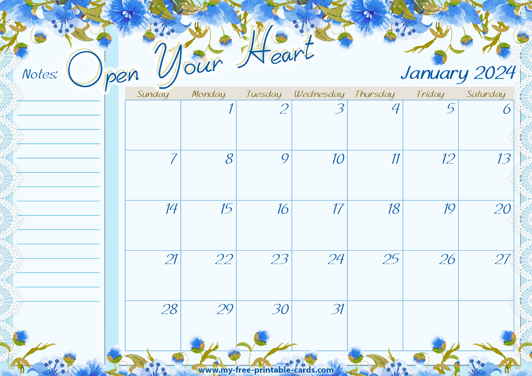 Printable Calendar Jan 2024
