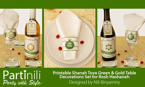 Partinili - Printable Shanah Tova Green & Gold Table Decorations Set for Rosh Hashanah