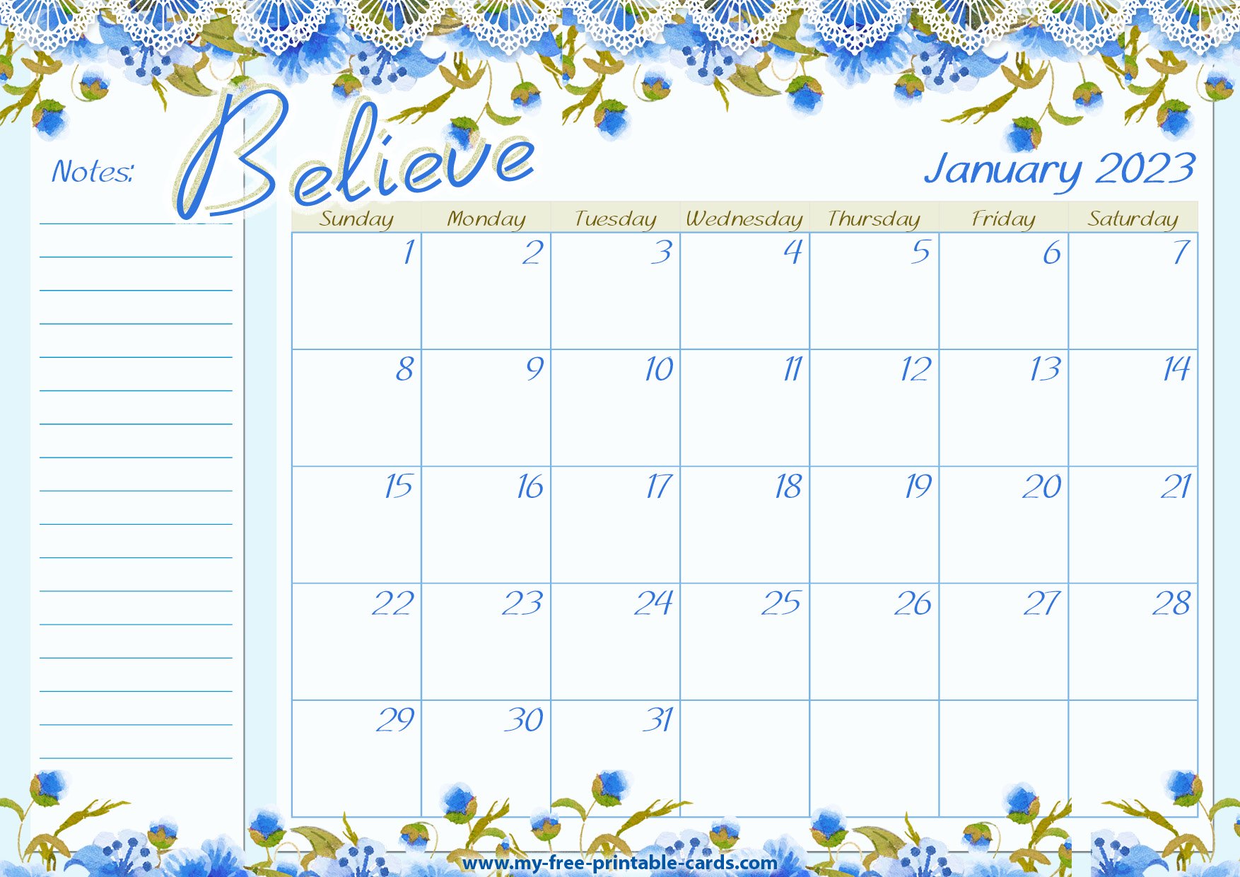 Printable Calendar Jan 2023